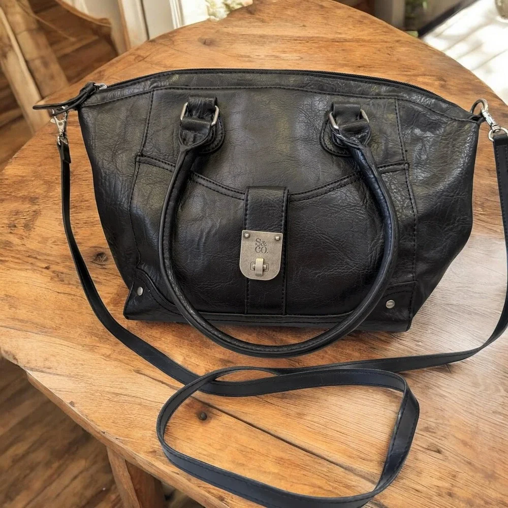 Style & Co Womens Black Faux Leather Satchel Handbag Crossbody Bag S&Co Hardware